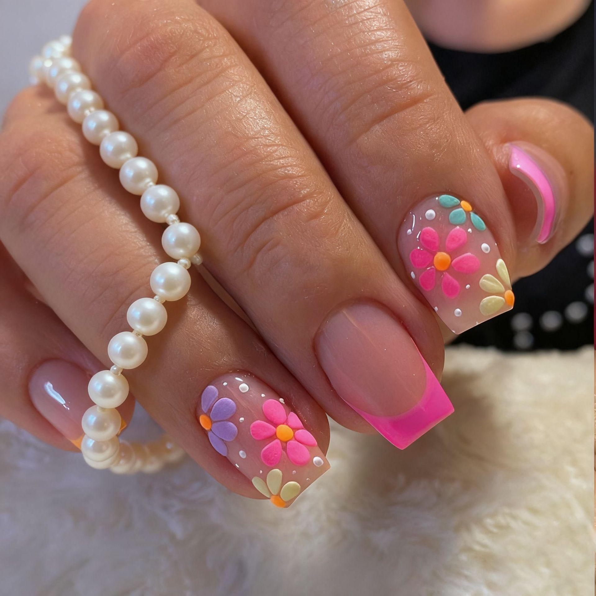 

Hot-selling manicure simple small fresh pastoral French color small flower medium rectangular wearing armor Free jelly glue + rubbing strips