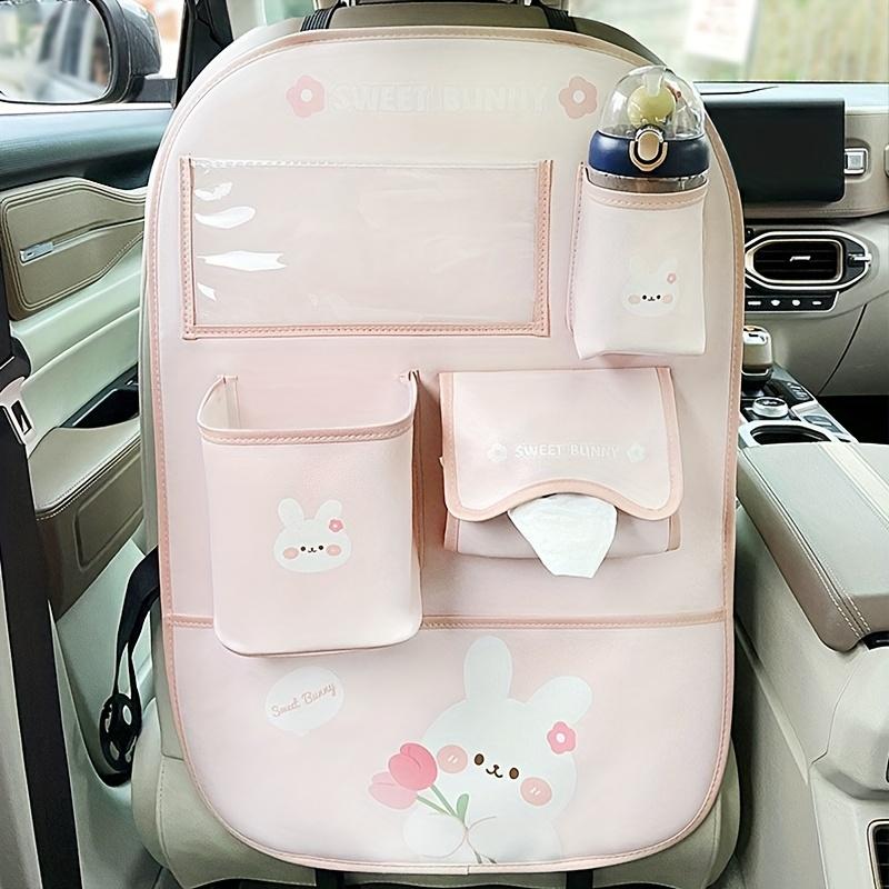 Cute Bear & Rabbit Car Seat Organizer with multi-pocket, tissue box, cup holder and phone slot, ideal cartoon back seat car accessories.