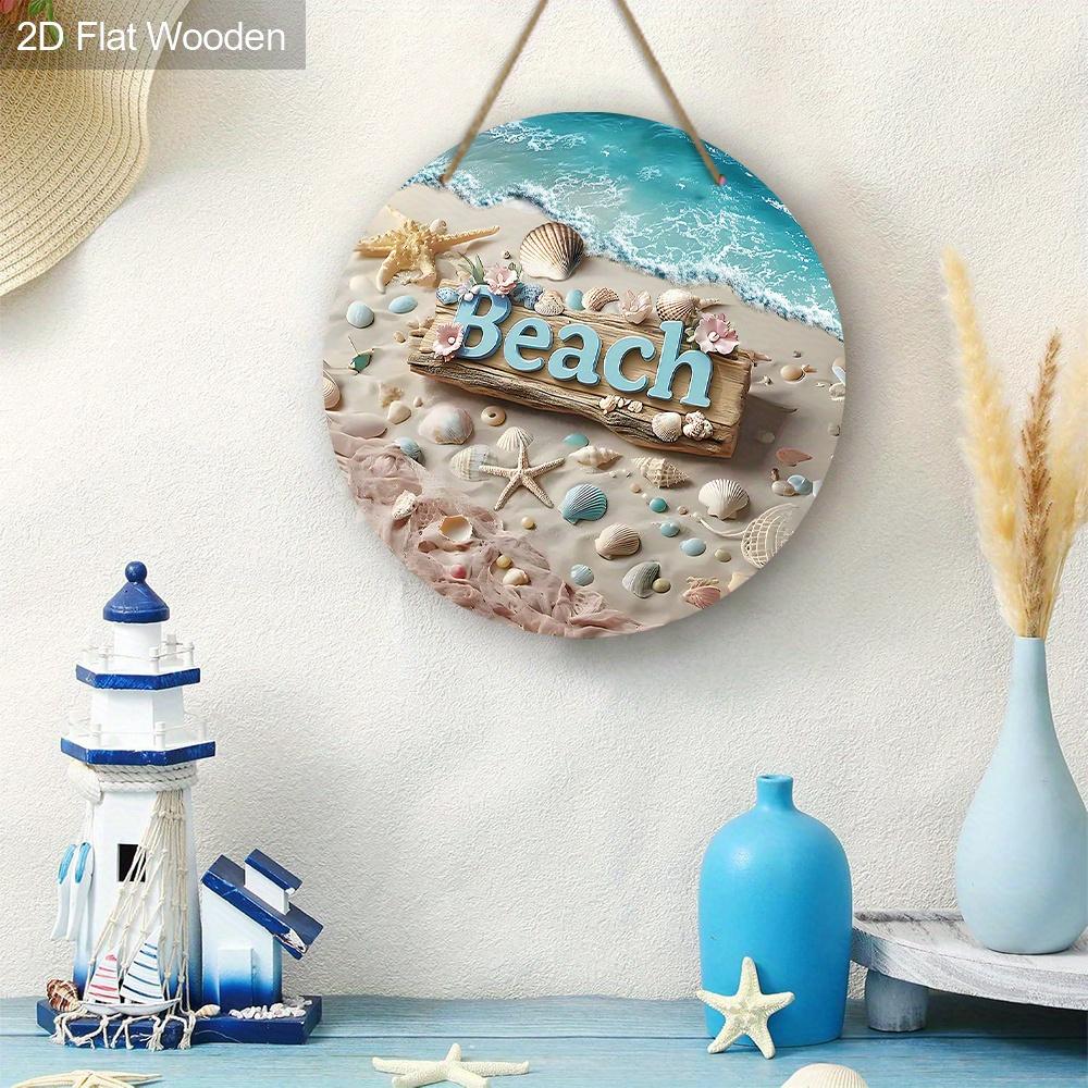 2D, Summer Beach Shells Starfish Wood Round Sign Summer Home Office Wall Decoration Seaside Party Decoration Rustic Farmhouse Bathroom Shelves