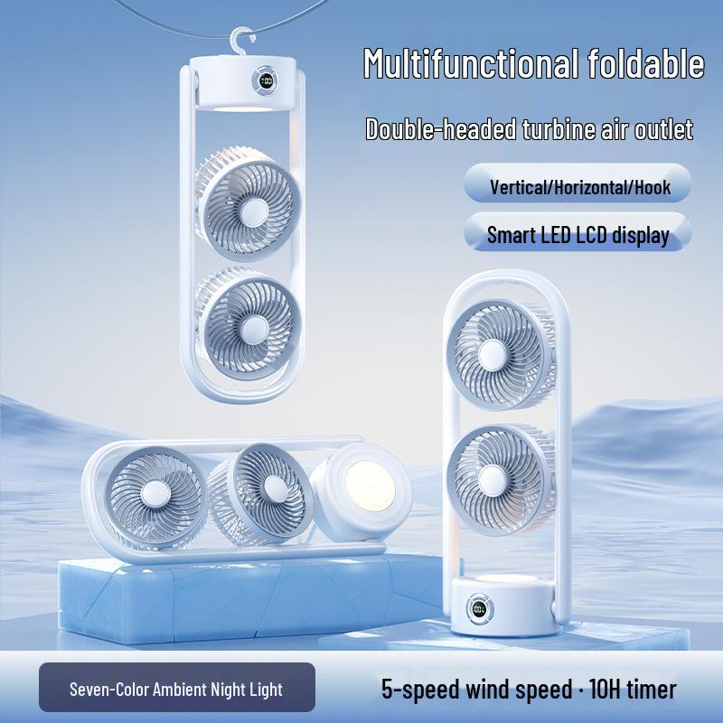 Dual-Headed Portable Fan with Light - Desktop, Clip, Camping, Wall-Mountable Options USB