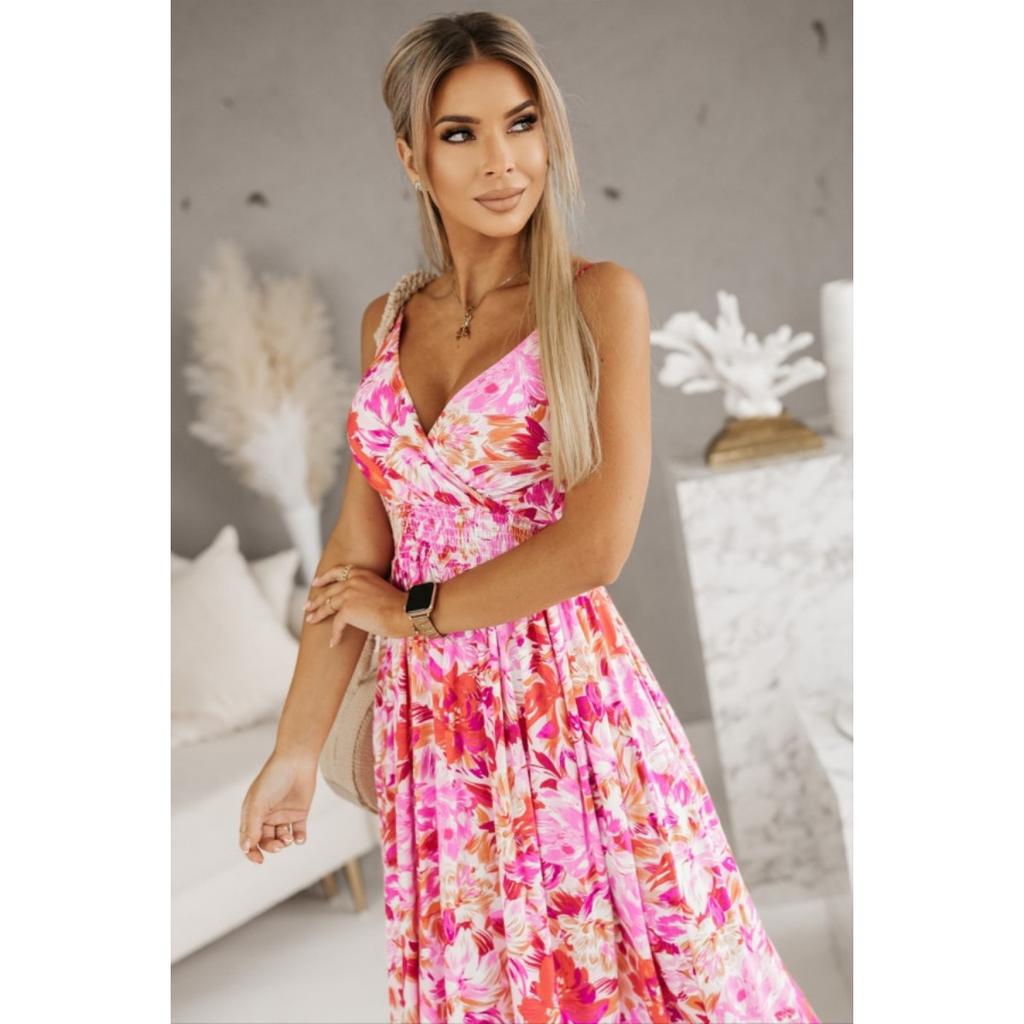 Summer V Neck Elastic Waist Printed Strappy Long Maxi Dress for Women European American Crossborder Women's Clothing