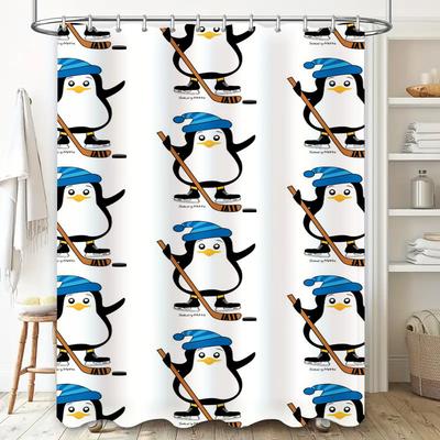Eishockey Pinguin Duschvorhang Wasserdicht Heimdeko Badezimmer Küche Badezimmerdekoration Druck Kinderzimmer Weihnachtsgeschenk Whi