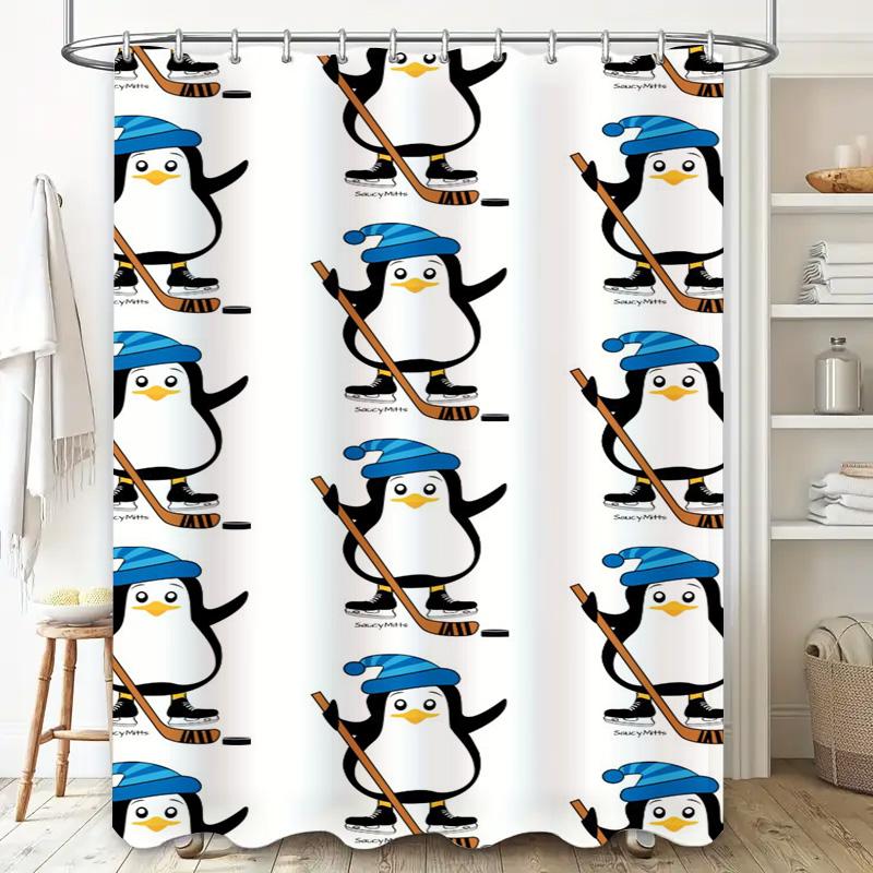Ice Hockey Penguin Shower Curtain Waterproof Home Decor Bathrooms Kitchen Bathroom Decoration Print Kids Room Christmas Gift Whi