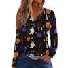 Women's Long Sleeve V-Neck T-Shirt with Button and Halloween Print Casual Top