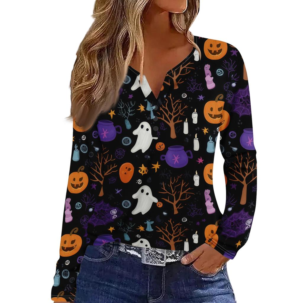 Women's Long Sleeve V-Neck T-Shirt with Button and Halloween Print Casual Top