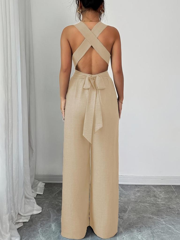 European Women's 2025 V-Neck Backless Cross-Waist Wide-Leg Jumpsuit
