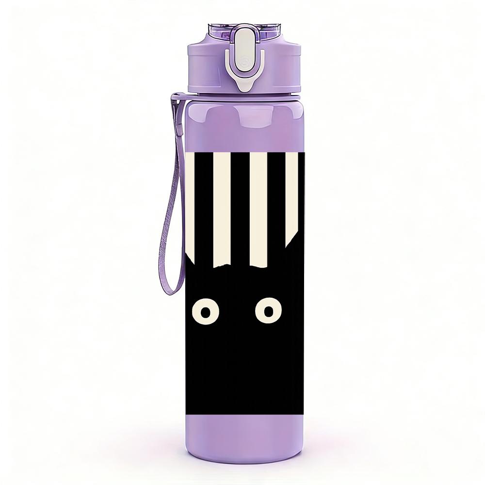 1PC Striped Background Black Cat Face 750ml Color Plastic Sports Water Bottle Leakproof Flip Straw Lid For Sports Office Home Use