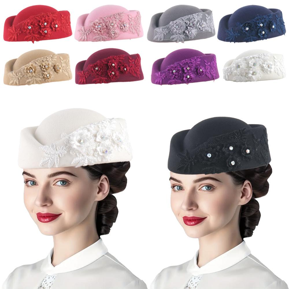 Felt Turban Hat Vintage Rhinestone Flower Church Beret Hats Women Stewardess Party Cosplay Cap Costume Accessory
