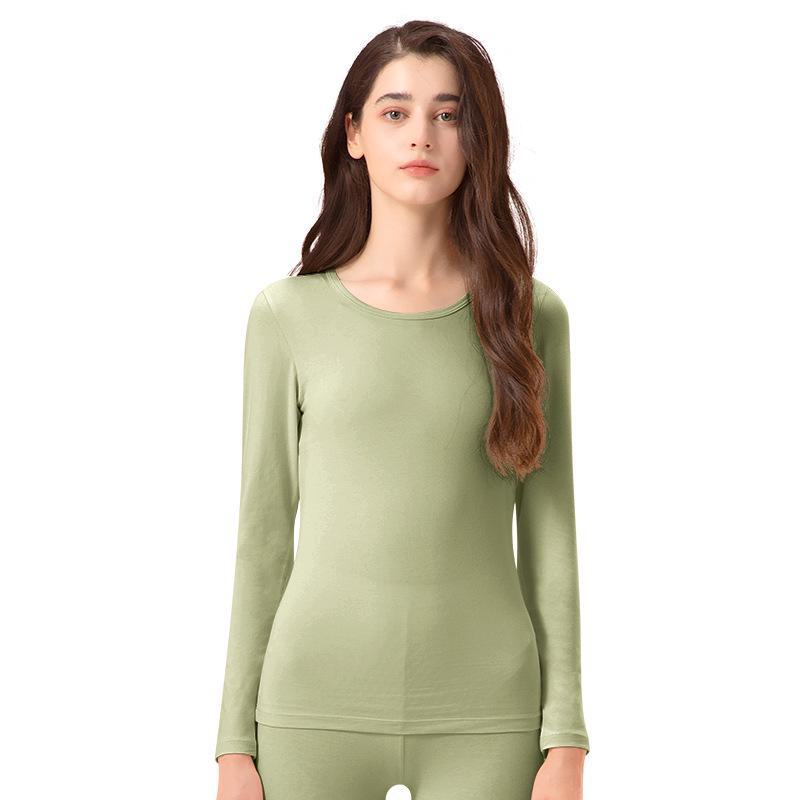 Women's Seamless Thermal Underwear Set - Antibacterial, High Elastic, Plus Velvet, Thin, Long Sleeve, Round Neck, Cotton Blend, Autumn.