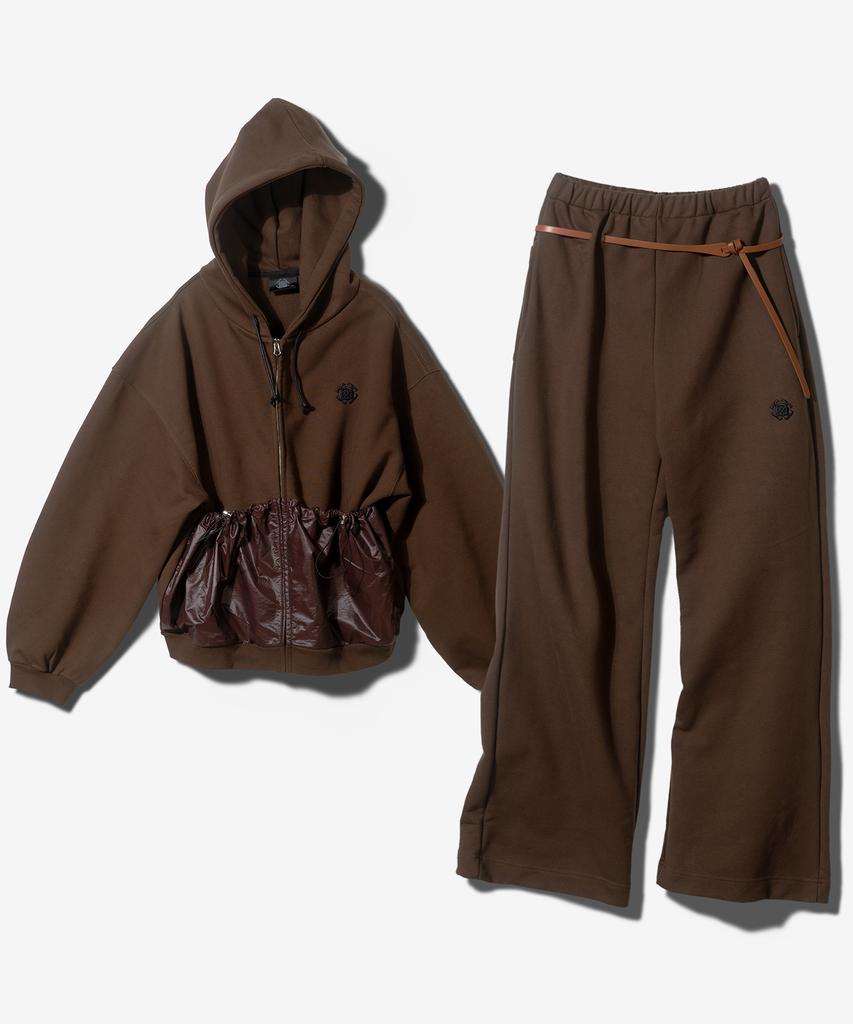 Fanshow (Setup) Pocket Hooded Zipup + Leather Belt Wide Pants- Brown