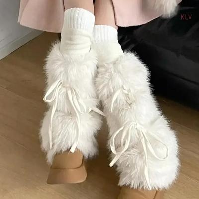 Jk Girls Boot Cuffs Leg Warmers Women Winter Warm Harajuku Sweet Ribbon Bowknot Furry Plush White Boot Cover Long Socks