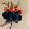 Autumn Harvest Bouquet Halloween Flowers Decorations, Black Artificial with Pumpkin Rose Eucalyptus Maple Leaf And Orange Floral Stems, Indoor