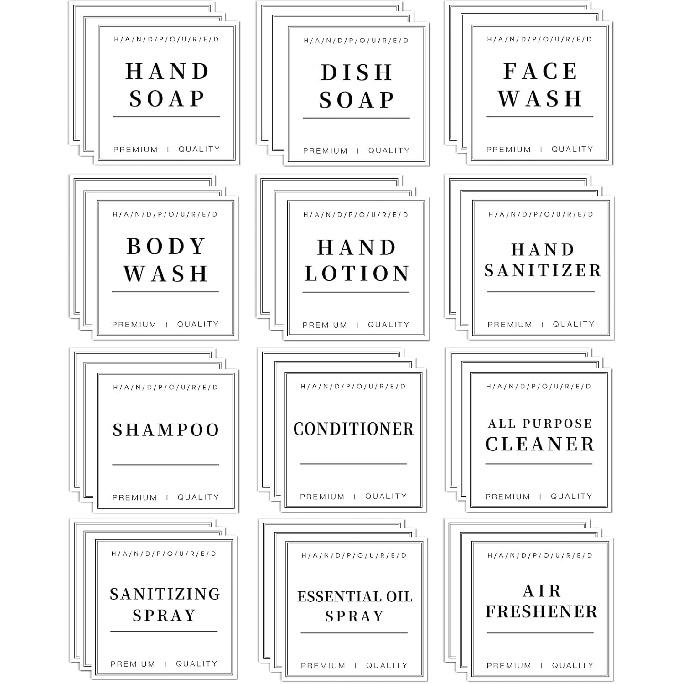 36PCS Waterproof Labels for Bottles, Hand Soap Lotion Shampoo and Conditioner Dispenser Label Stickers, Removable Cleaning Bathroom Labels for Glass