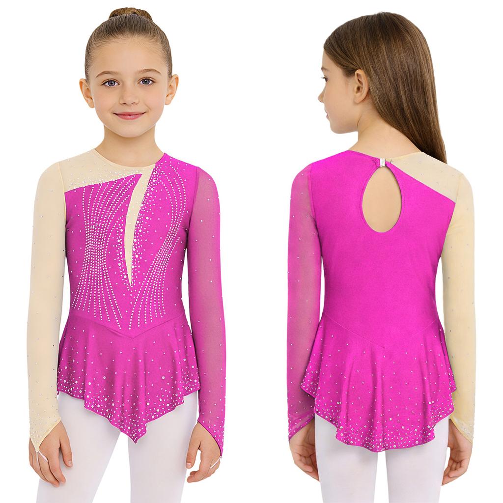 Girls Figure Skating Dance Dress: Long Sleeves Finger Holes Keyhole Back Mesh Patchwork Shiny Rhinestones Asymmetrical Hem