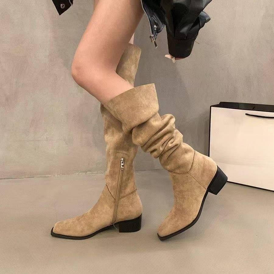 Thick Heel Over Knee Boots Skinny Long Knight Boots Women s Shoes Summer New Suede Khaki Pile Boots Boots Long Boots 35 хаки 5490₽