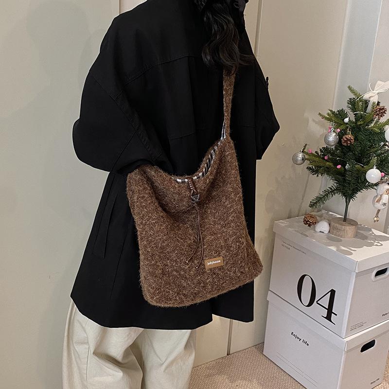 Ankola Red Wool Bag Autumn and Winter New Soft Waxy Plush Bucket Bag Shoulder Messenger Bag Large Capacity Double-sided Cloth Bag