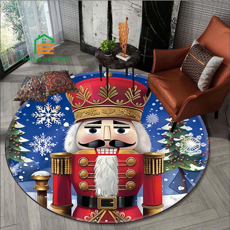 Crown Nutcracker Soldier Round Rug Blue Background Snowflake Pine Tree Non Slip Christmas Mat