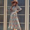 Women's Fashion Spring Fall Flower Pattern Print Long Sleeve Half Turtleneck High Waist Casual Dresses
