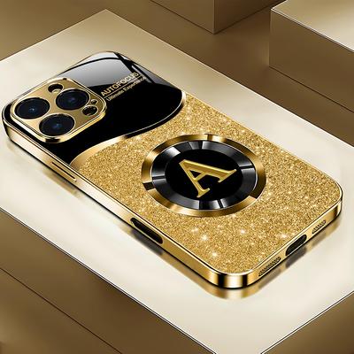 Shining Letter A Pattern Gold Metallic Paint Glass Phone Case For iPhone 11 12 13 14 15 16 17 Pro Max Plus 17 Air 16E Cover