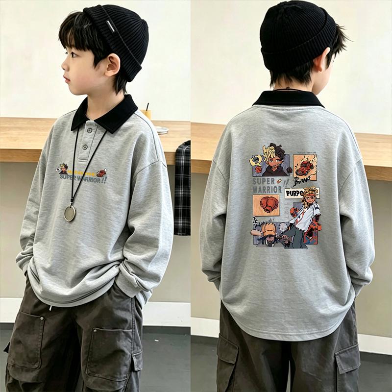 Color Block Korean Style Boys' Long Sleeve Polo Shirt - Patchwork Lapel T-shirt for Spring & Autumn (Ages 6-12)