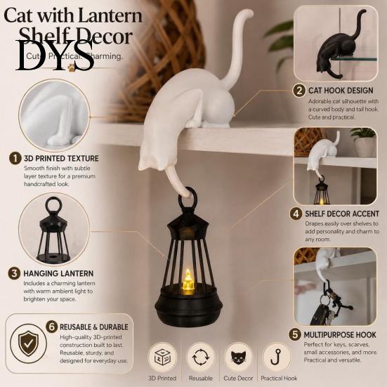 Figurina Animale Stile Vintage Gatto Appeso Stampato 3D con Lanterna Decorazione Scaffale, Carino Gatto Che Sbircia Tavolo Affascinanti Ornamenti Interni Statua Angolare, Gancio