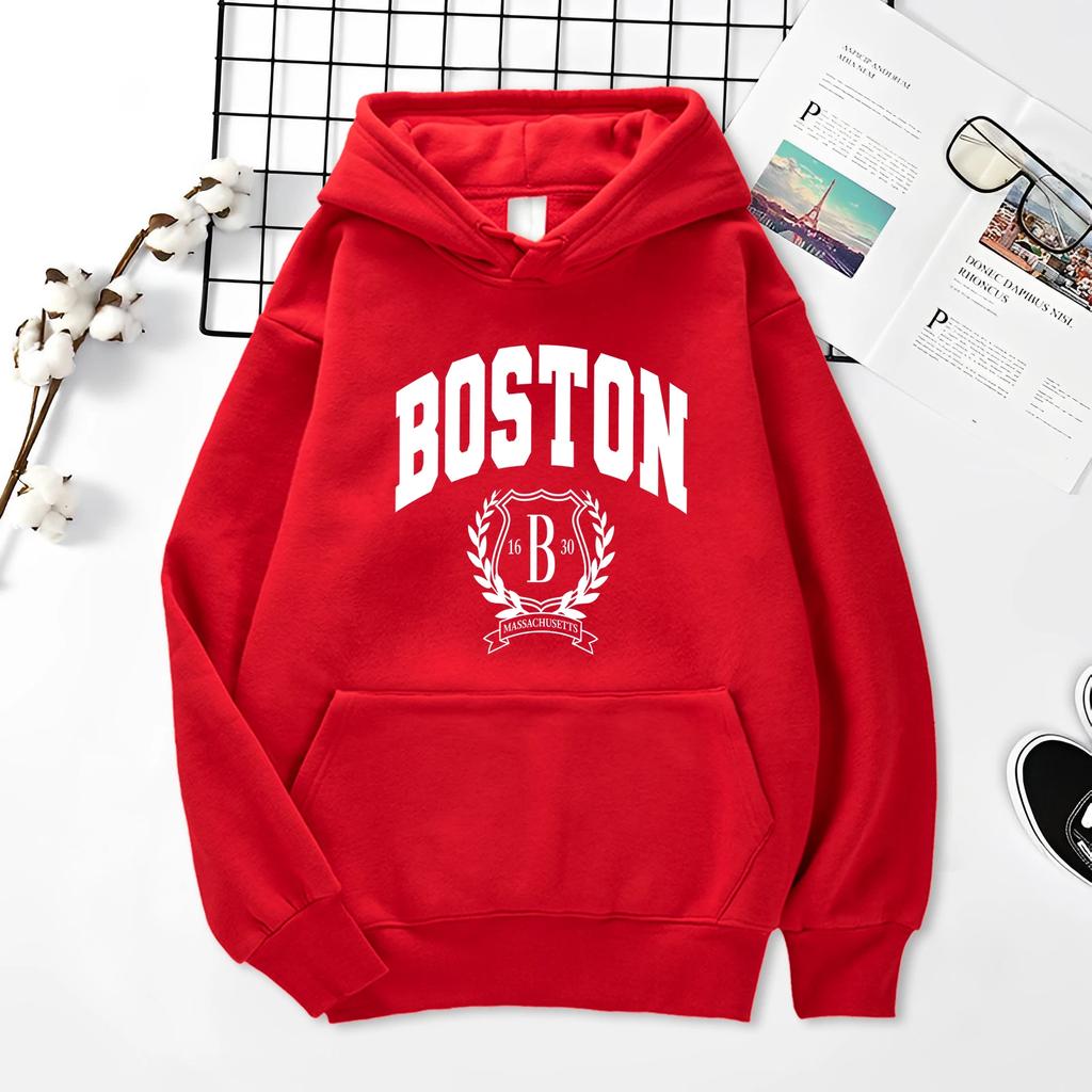 Boston Personalized Art Print Hoodie Men and Women Same Autumn and Winter Loose Hood Casual Hip Hood Street Clothing