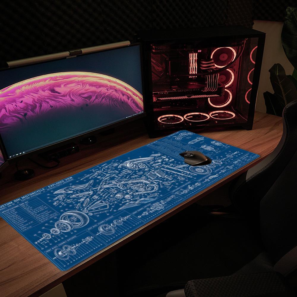 Blue Mechanical Motorcycle Mouse Pad Blueprint Non-slip Large Pc Gamer Keyboard Deskmat Gaming Accessories Computer Mousepad XXL