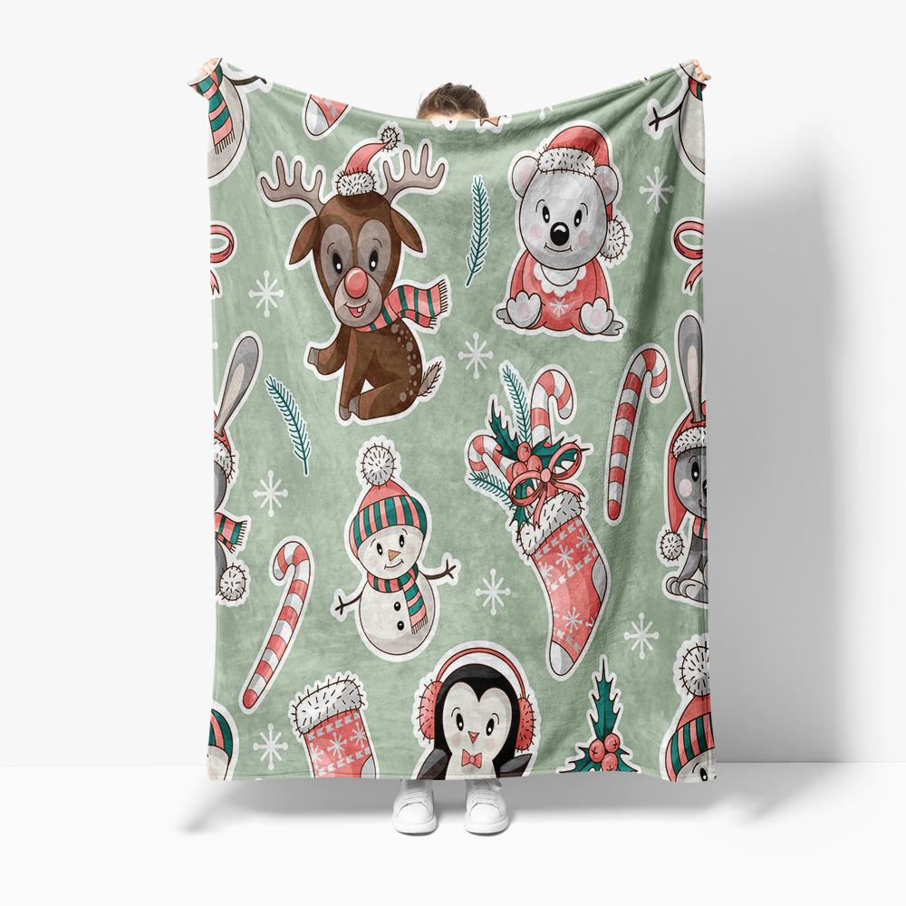 Cozy Christmas Blanket Flannel Throw Winter Warm Decorative Holiday Gift Festive Reindeer Snowman Pattern Soft Plush Bedspread