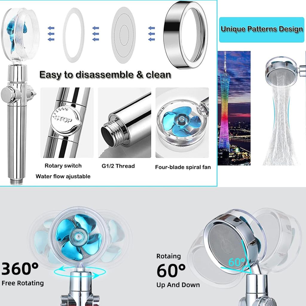 High Pressure Shower Heads, Handheld Turbo Fan Shower, Hydro Jet Shower Head Kit with Replacement - Hose/Bracket/Cotton Filters