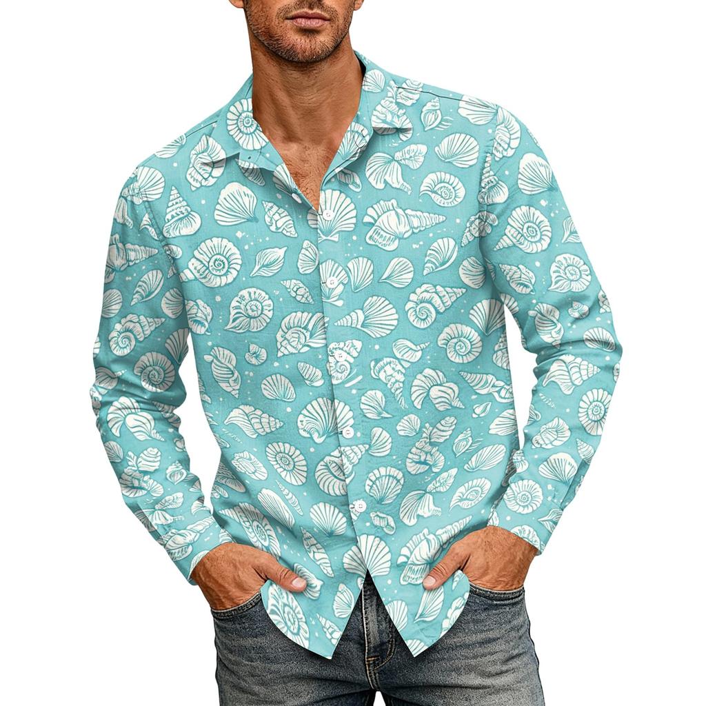 Men's Hawaiian Loose Fit Long Sleeve Shirt with Classic Collar Vintage Casual Button Down Shirt Suitable for Spring and Autumn Wear