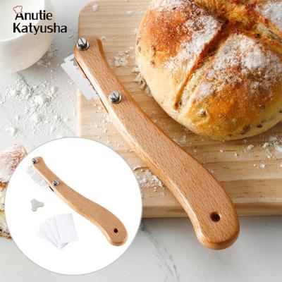 Wooden Bread Lame Kitchen Tools Stainless Steel Scraper Bread Dough Scoring Lame with Blades and Cover
