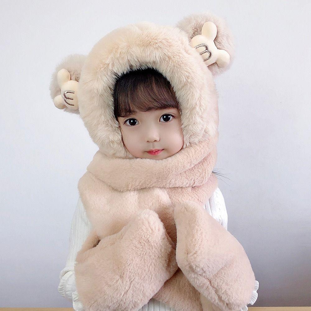 Winter Thick Hats Scarf Gloves Set With Long Scarf Warm Winter Plush Hooded Windproof Fluffy 3-in-1 Soft Hat Toddler