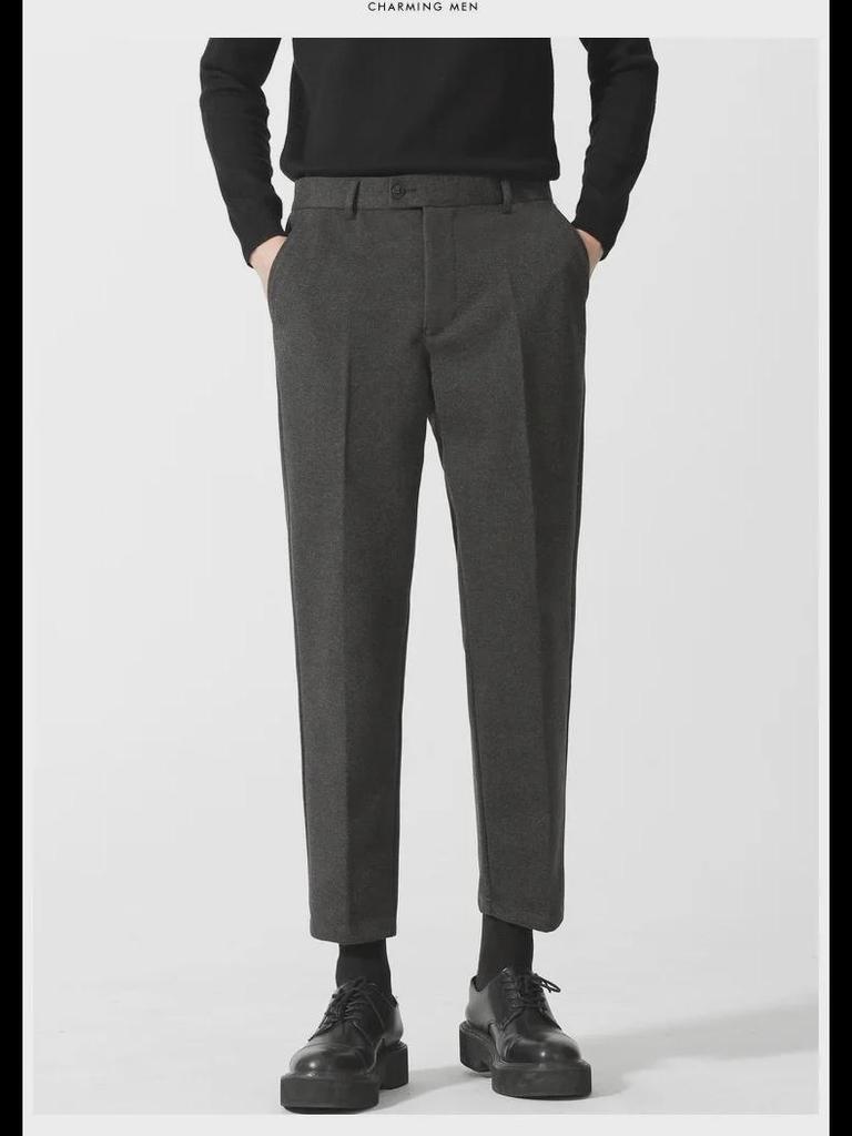 Men’s Casual Woolen Nine-Point Trousers - Autumn Business Loose Fit, Solid Color, Trendy Design.