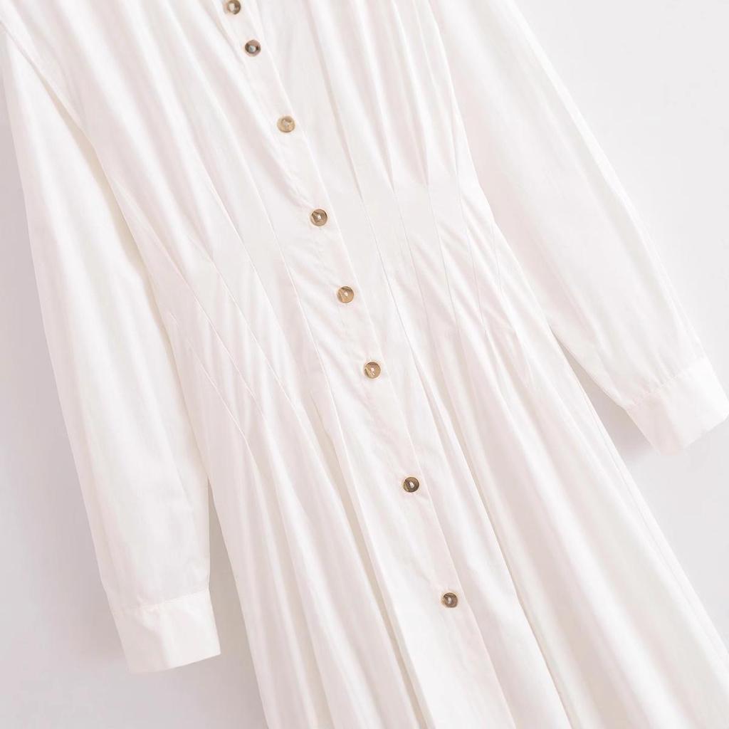 2025 Spring Women's European Style Turn-Down Collar Long Sleeve Midi Dress