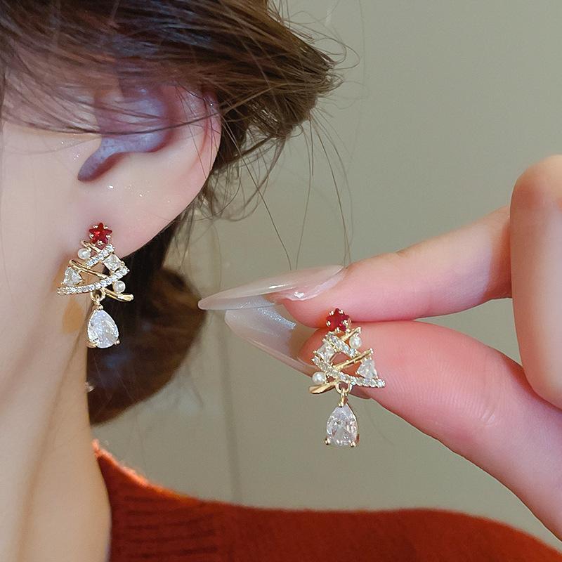 Silver needle red bow snowflake Christmas tree earrings European and American temperament earrings New Year's Christmas earrings women