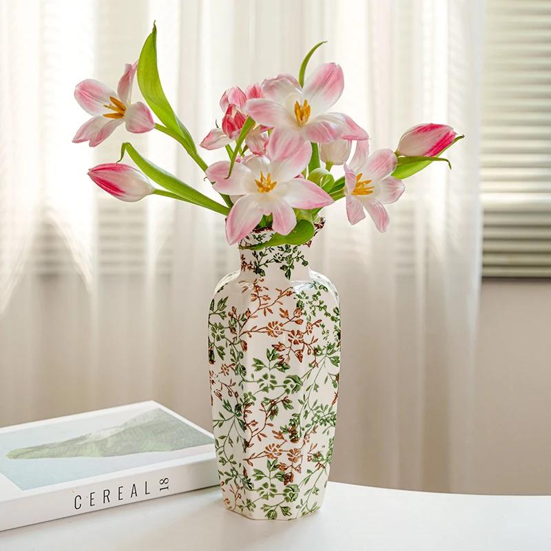 Octagonal Pastoral Ceramic Vase Blue and White Porcelain Hand-painted High-end Living Room Entrance Flower Arrangement Water