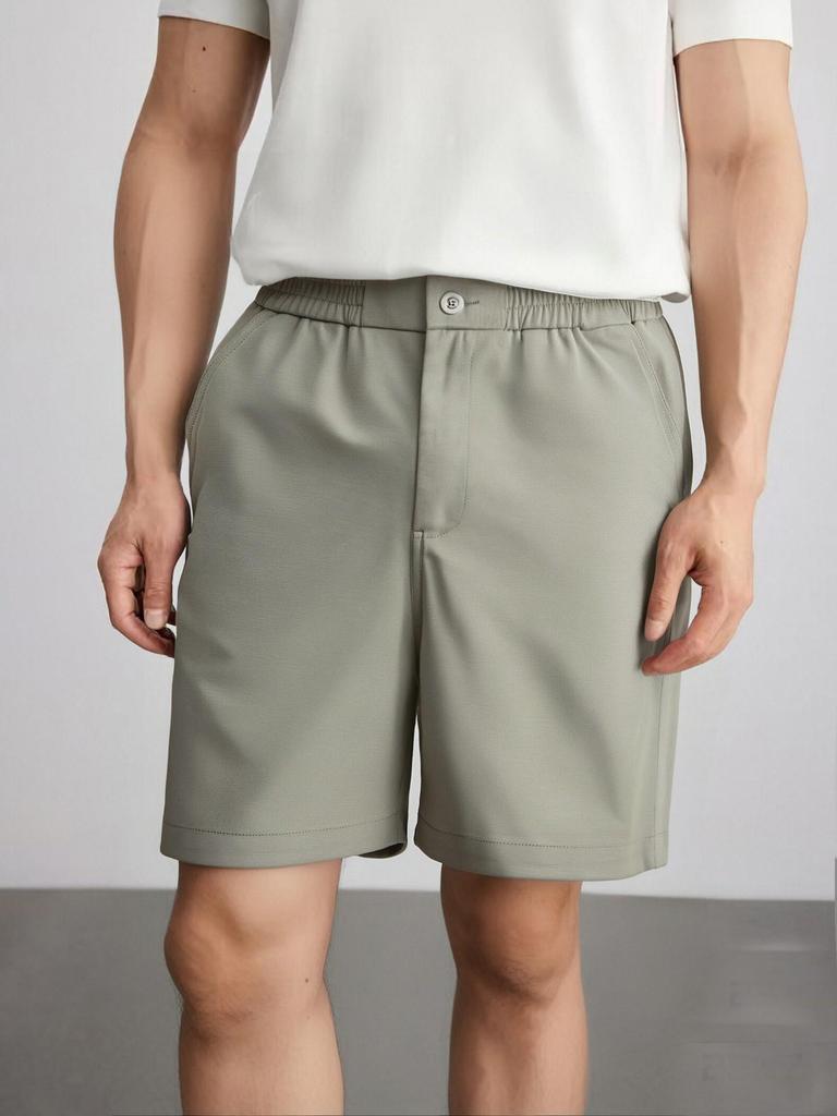 240G Men's Straight Wide Leg Cotton Shorts - Elastic Waist, Mid-Length, Summer Comfort, Versatile and Casual