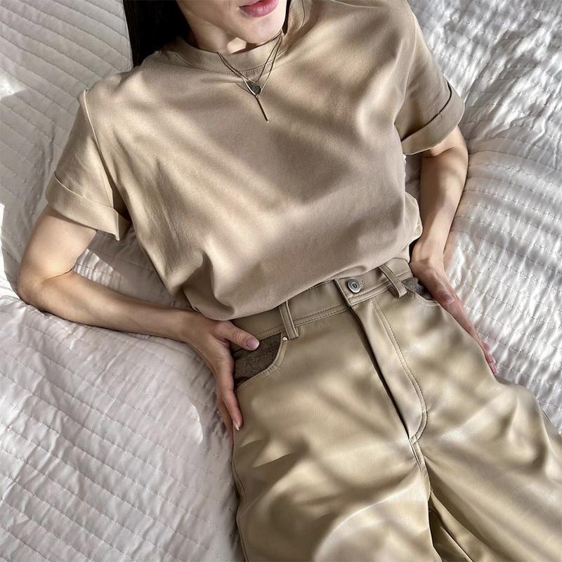 Tricou cu mânecă scurtă pliat de vară Hirsionsan, pentru femei, din bumbac confortabil, tricouri largi, ocazional, tricou supradimensionat, cu gâtul în formă de O, topuri simple pentru femei