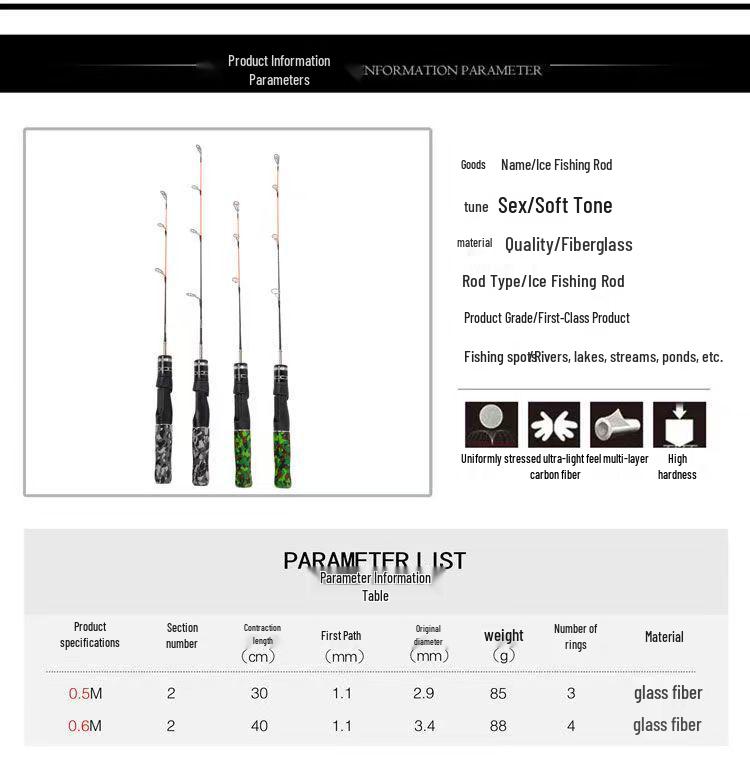 Soft Tip Jointed Ice Fishing Rod Set - 50cm/60cm Fiberglass for Freshwater