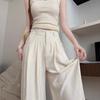 Women High Waist Textured Wide Leg Suit Pants, Casual Loose Flowy Trousers With Pleated Waist For Spring And Summer