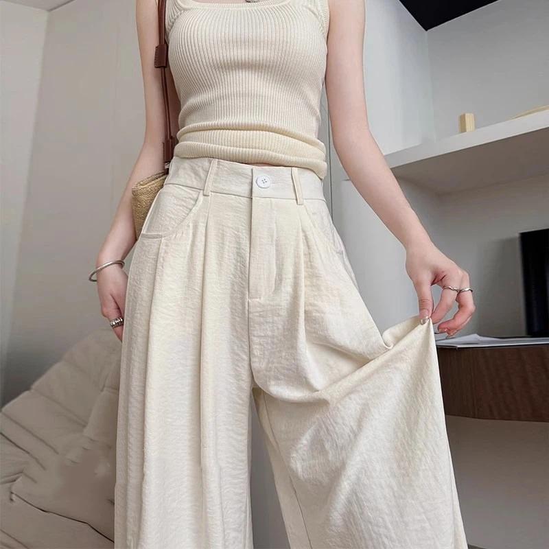 Women High Waist Textured Wide Leg Suit Pants, Casual Loose Flowy Trousers With Pleated Waist For Spring And Summer