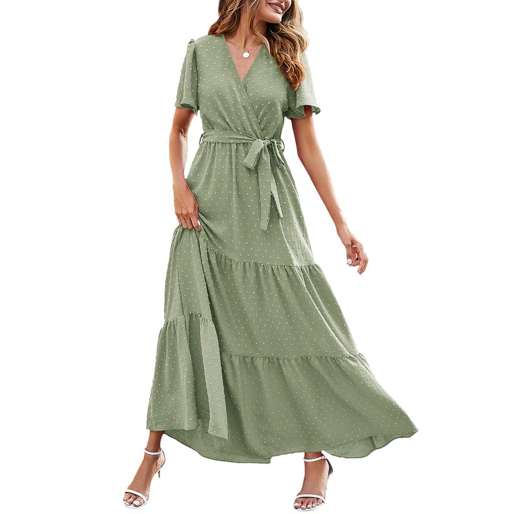 Women's Summer Bohemian Dot V-Neck Floating Short Sleeve Solid Color Tie Dresses