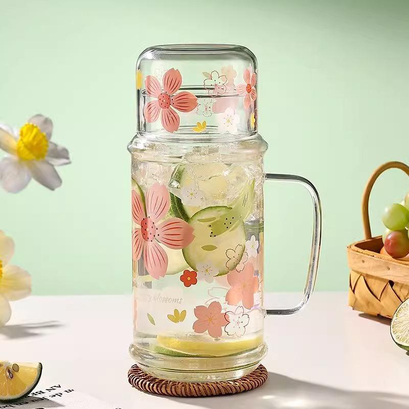 Cute Flower Cold Water Jug High Borosilicate Glass Drink Water Bottle With Lid Kitchen Housewares Ice Coffee Cups Camping Kettle