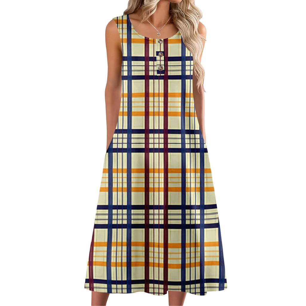 Women's Fashion Casual Sleeveless Button Plaid Print Dress with Pocket