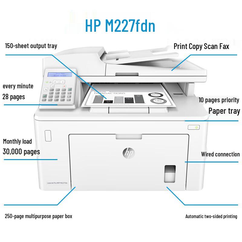 HP M227fdn A4 Black & White Laser Multifunction Printer CN plug (adapter included)