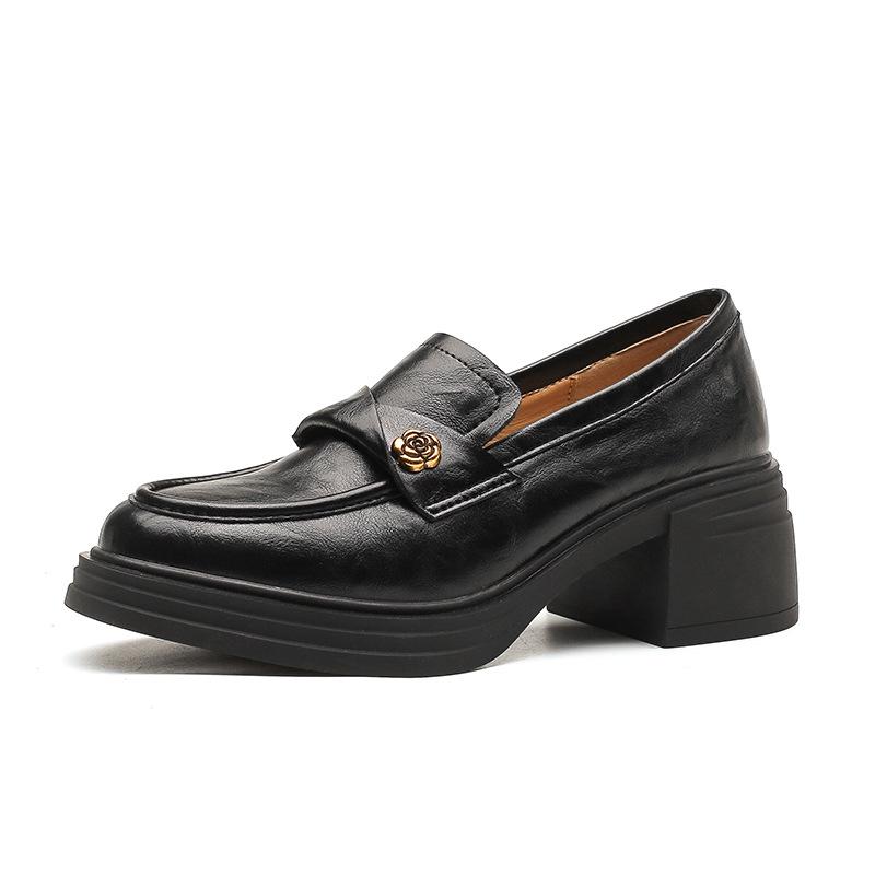 Women's Sheepskin Camellia Chunky Heel Loafers - High Platform Black with Gold Buckle (Height Increasing, Autumn/Winter 2025 Collection)