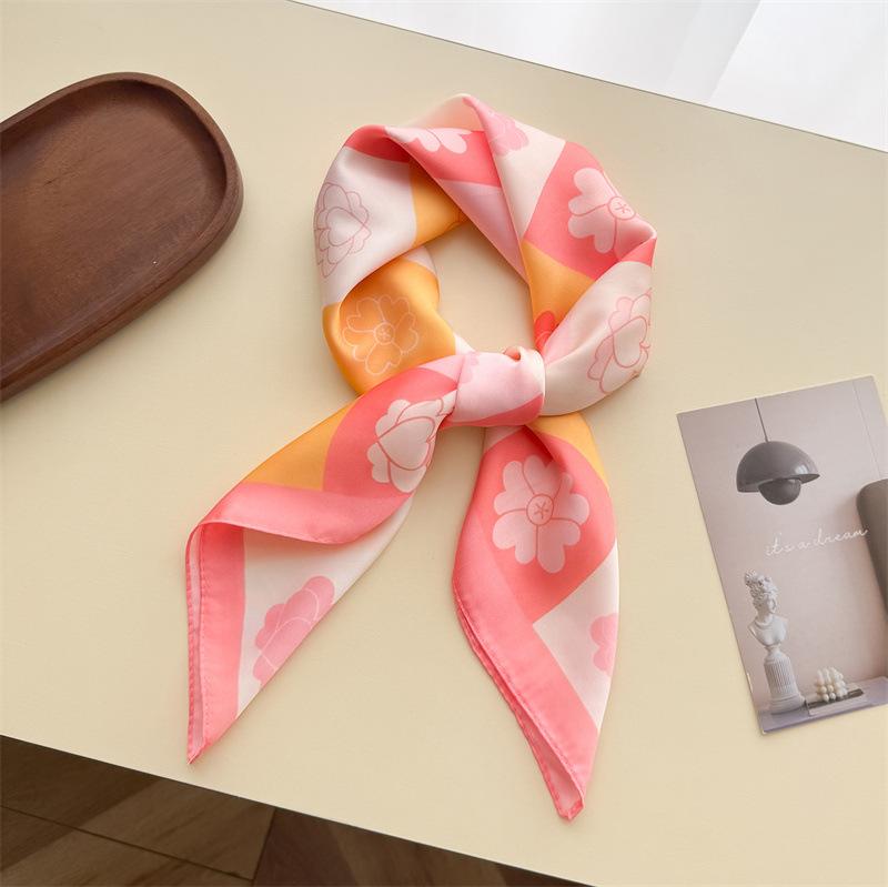 Literary Floral Simulation Silk Printing Silk Scarf Small Square Scarf High-end Shawl Sunscreen Neck Scarf Headscarf Scarf Women