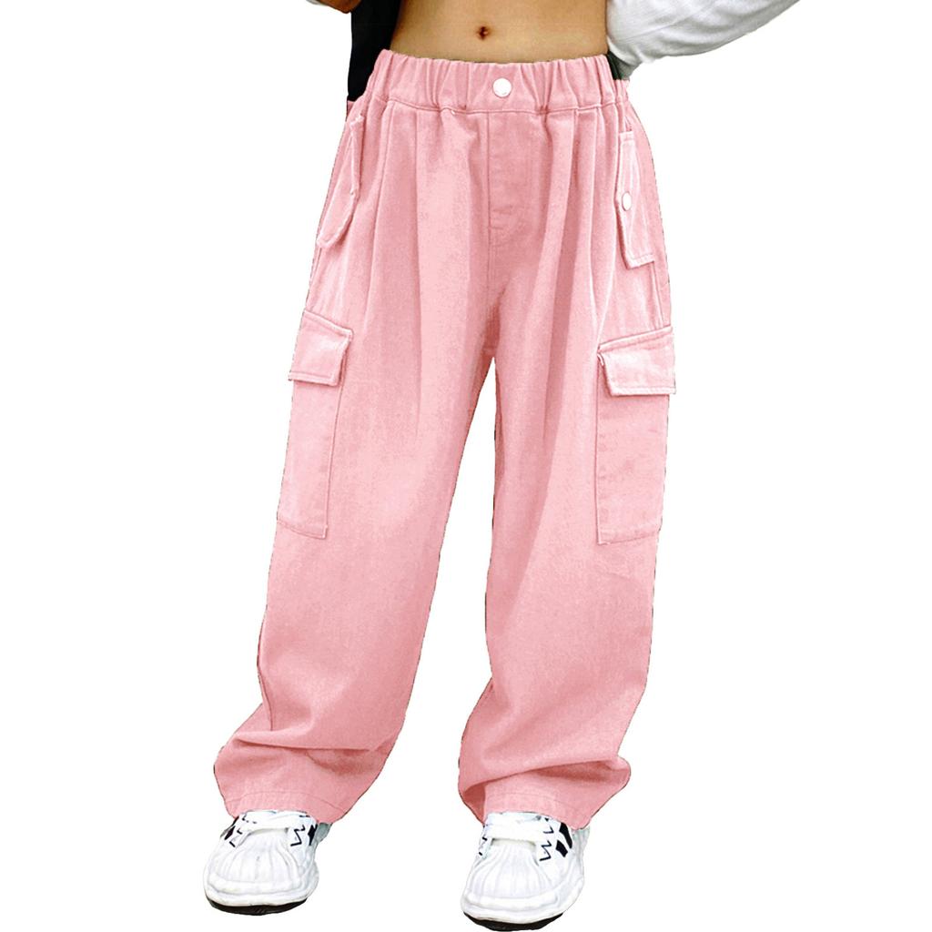 Kids Girls Stylish Clothing Elastic Waistband Cargo Wide Leg Long Pants for Daily Wear