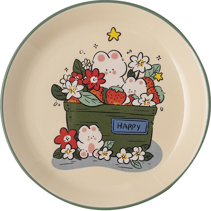 8.2 Inch Cartoon Rabbit Dinner Plate Ceramic Painting Serving Dishes Flower Bunny Dessert Tray Salad Plate Microwave Safe