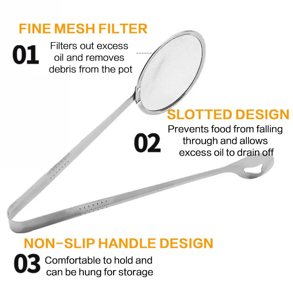 Stainless Steel Multifunctional Mesh Strainer Spoon Clip Oil Filter Colander Heat Resistant Kitchen Utensil Fried Food Salad BBQ Serving Long Handle